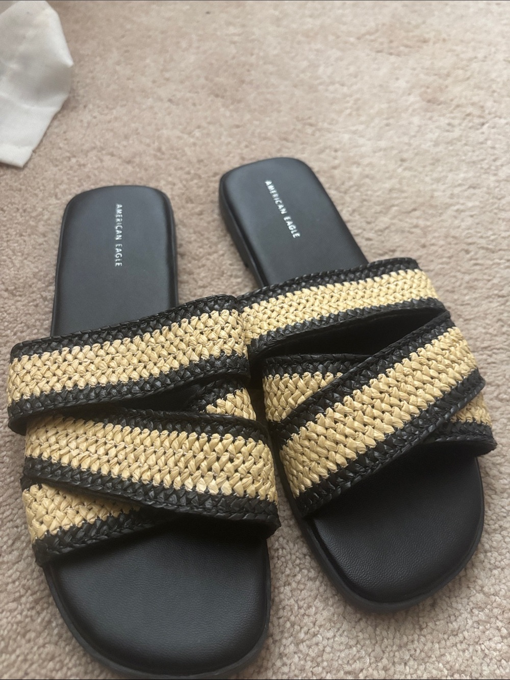 American Eagle Outfitters Black and Natural Woven Slide Sandals